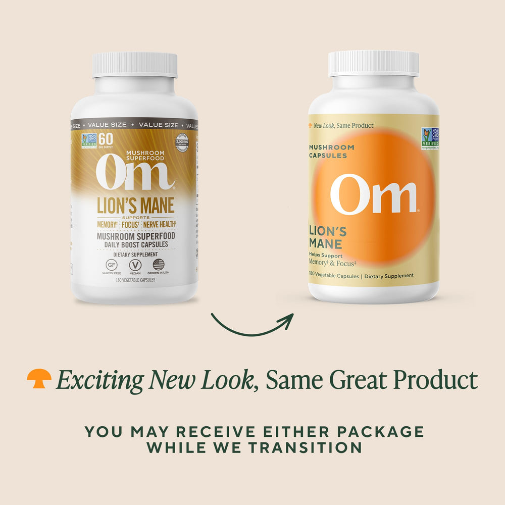 OM MUSHROOM SUPERFOOD envase con elementos orgánicos que resaltan naturalidad