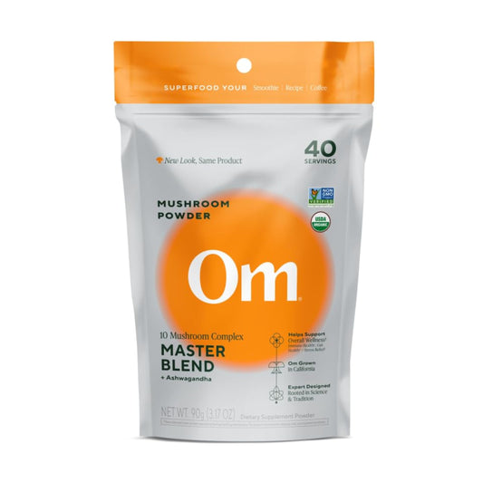 OM MUSHROOM SUPERFOOD envase frontal mostrando mezcla de 10 hongos y ashwagandha