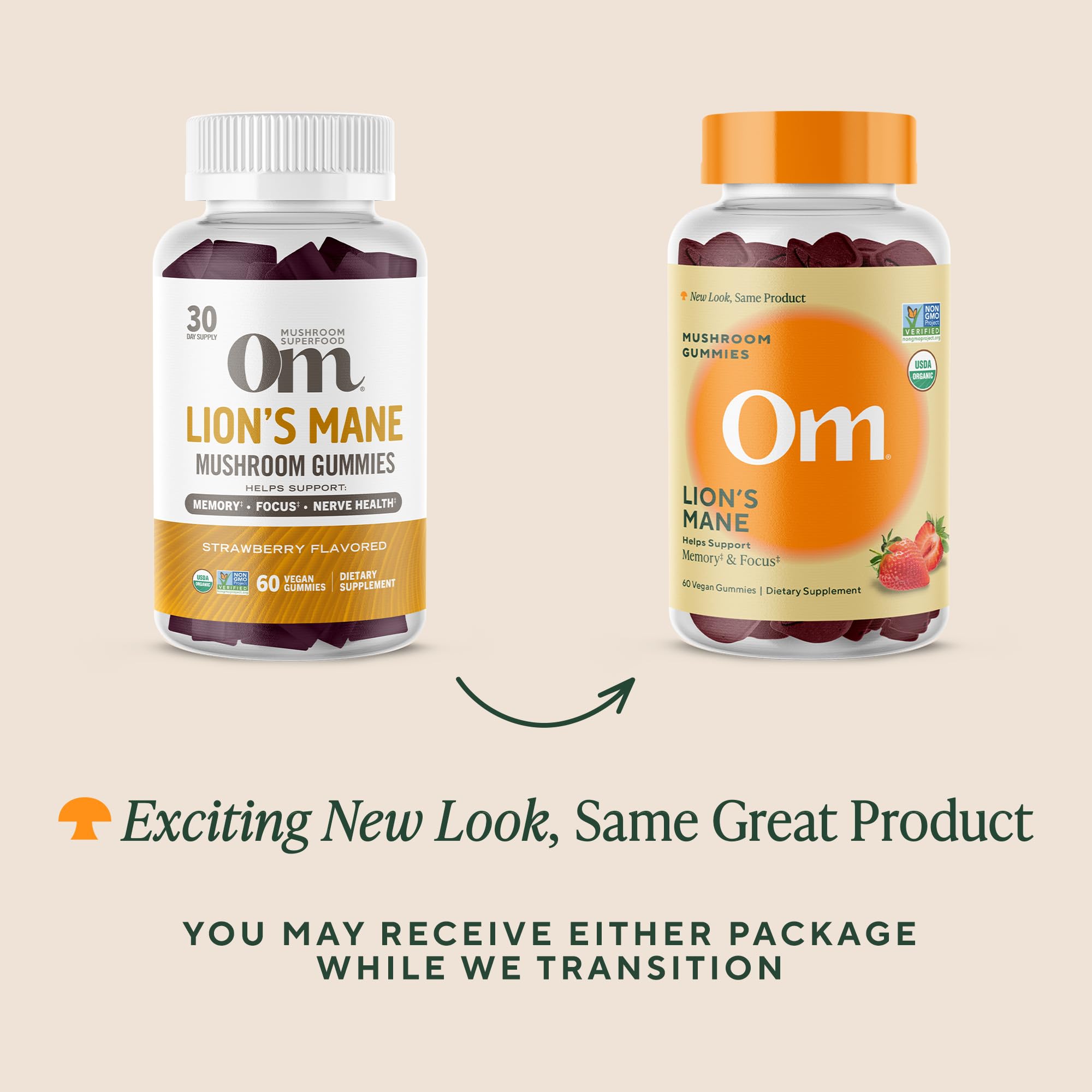 OM MUSHROOM SUPERFOOD varias vistas del producto resaltando diseño y sellos orgánicos