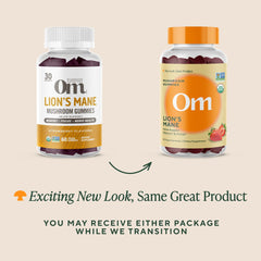 OM MUSHROOM SUPERFOOD varias vistas del producto resaltando diseño y sellos orgánicos