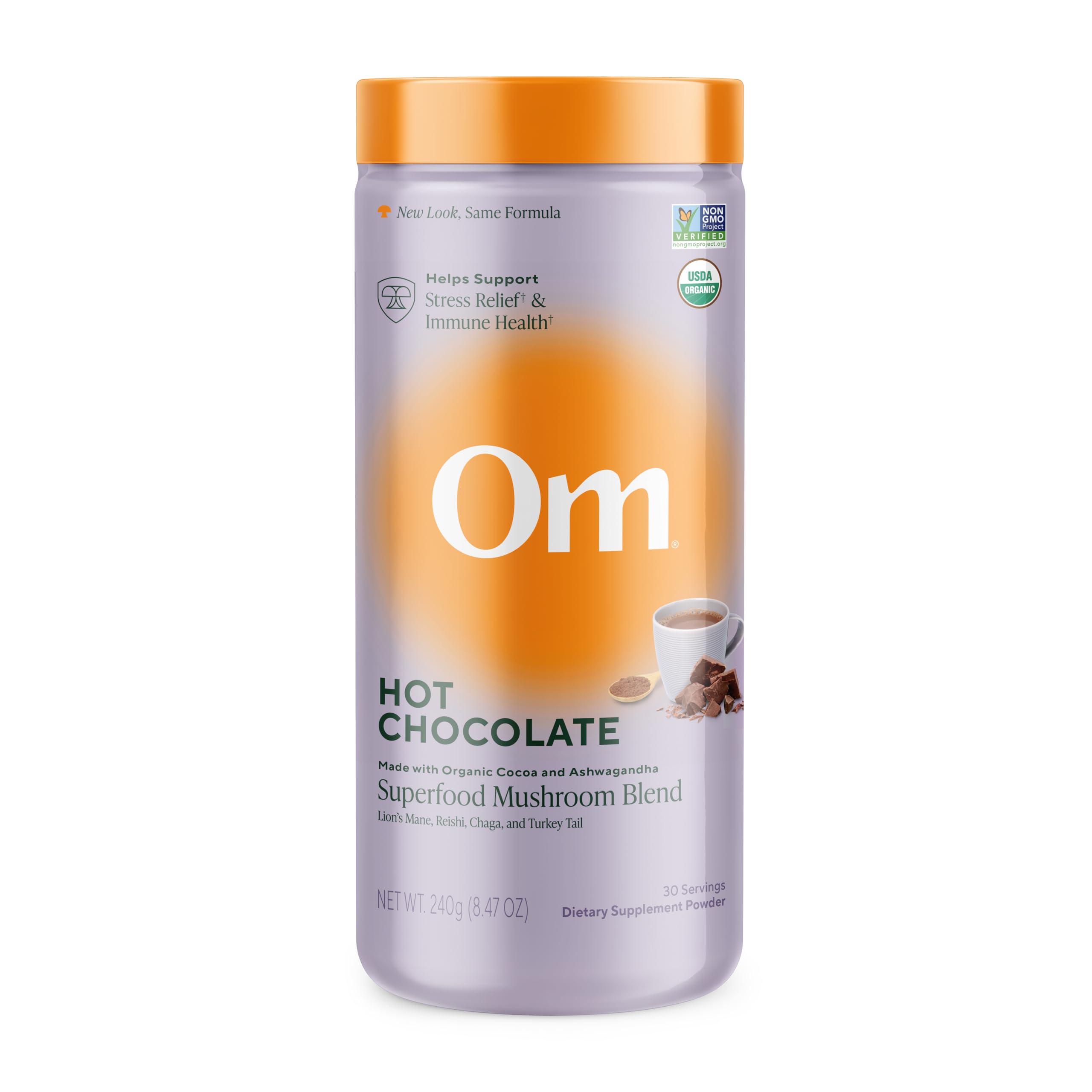 OM MUSHROOM SUPERFOOD bote frontal mostrando etiqueta y beneficio energizante