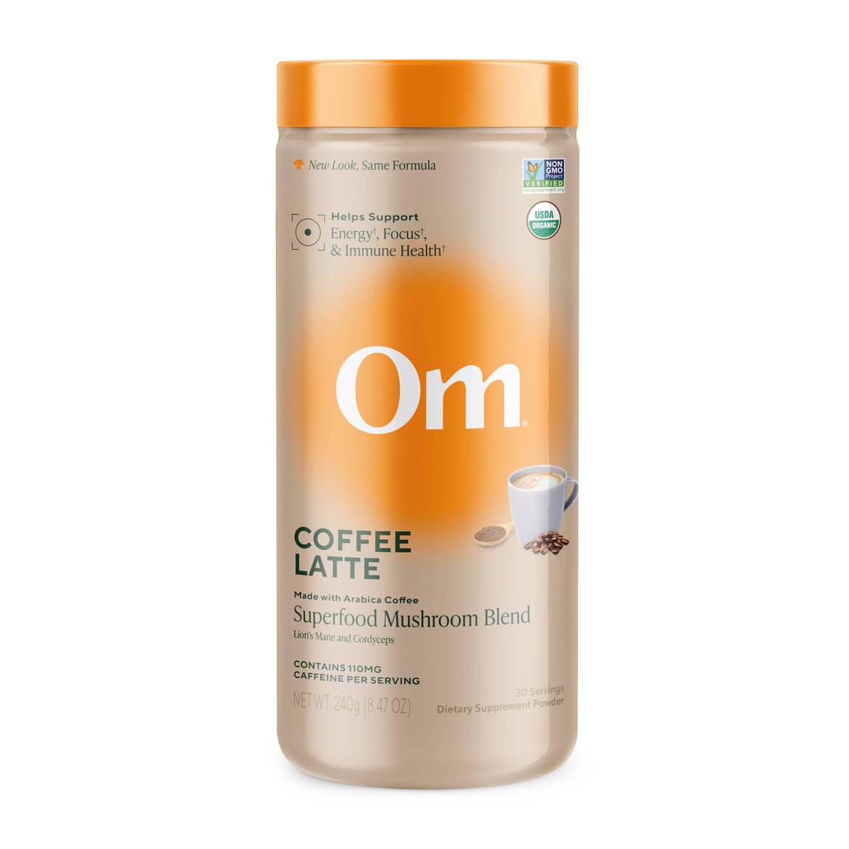 OM MUSHROOM SUPERFOOD frente del envase mostrando diseño y porciones