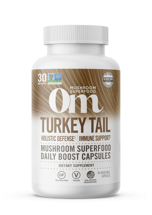 OM Mushroom Superfood envase frontal Turkey Tail, visual claro y confiable