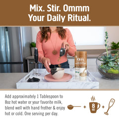 OM MUSHROOM SUPERFOOD ingredientes: café, Lion's Mane y Cordyceps visibles