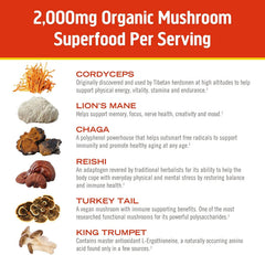 OM MUSHROOM SUPERFOOD lata comparada con una taza para escala