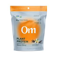 OM MUSHROOM SUPERFOOD paquete frontal vainilla mostrando etiqueta y beneficios