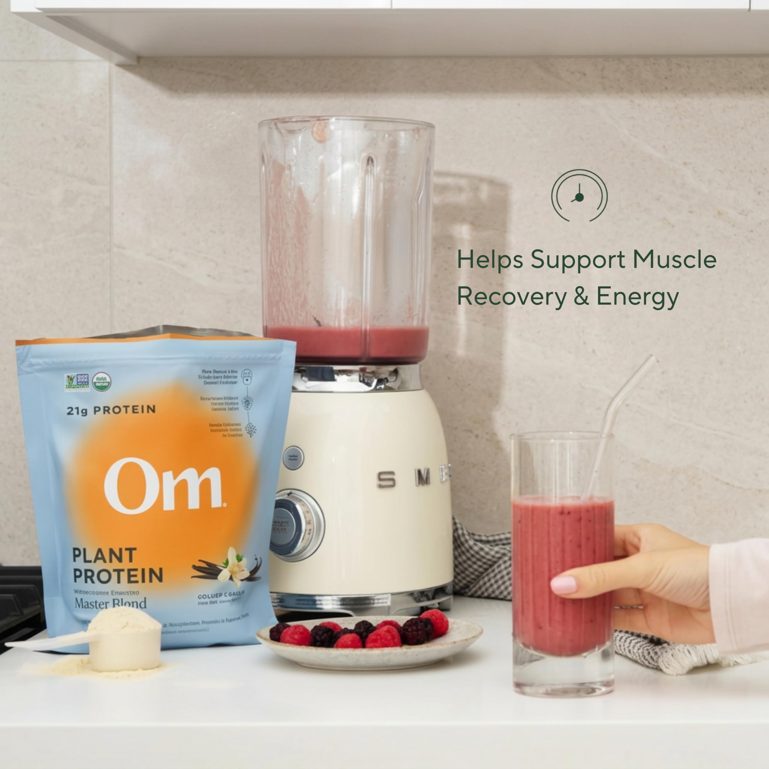OM MUSHROOM SUPERFOOD etiqueta con certificaciones orgánicas y Non-GMO