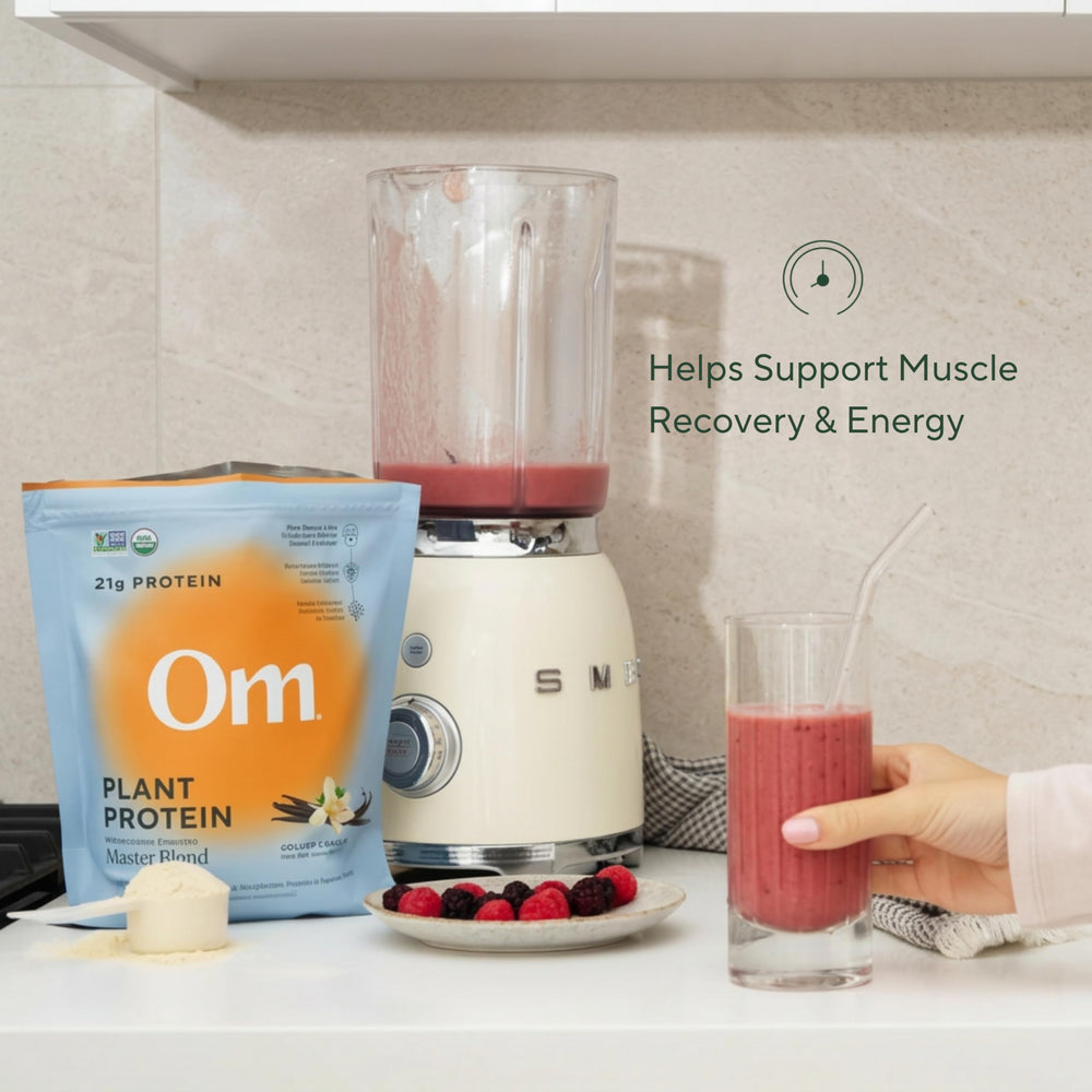 OM MUSHROOM SUPERFOOD etiqueta con certificaciones orgánicas y Non-GMO