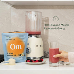 OM MUSHROOM SUPERFOOD etiqueta con certificaciones orgánicas y Non-GMO
