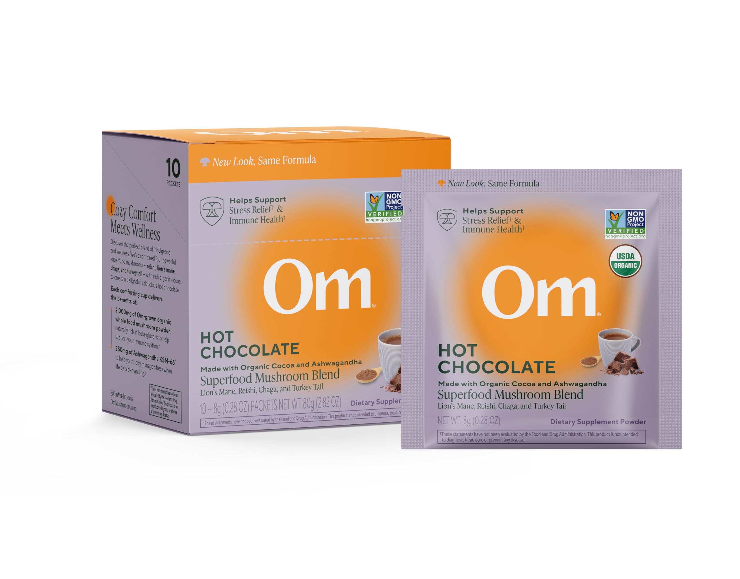 OM MUSHROOM SUPERFOOD paquete frontal mostrando diseño y conveniencia
