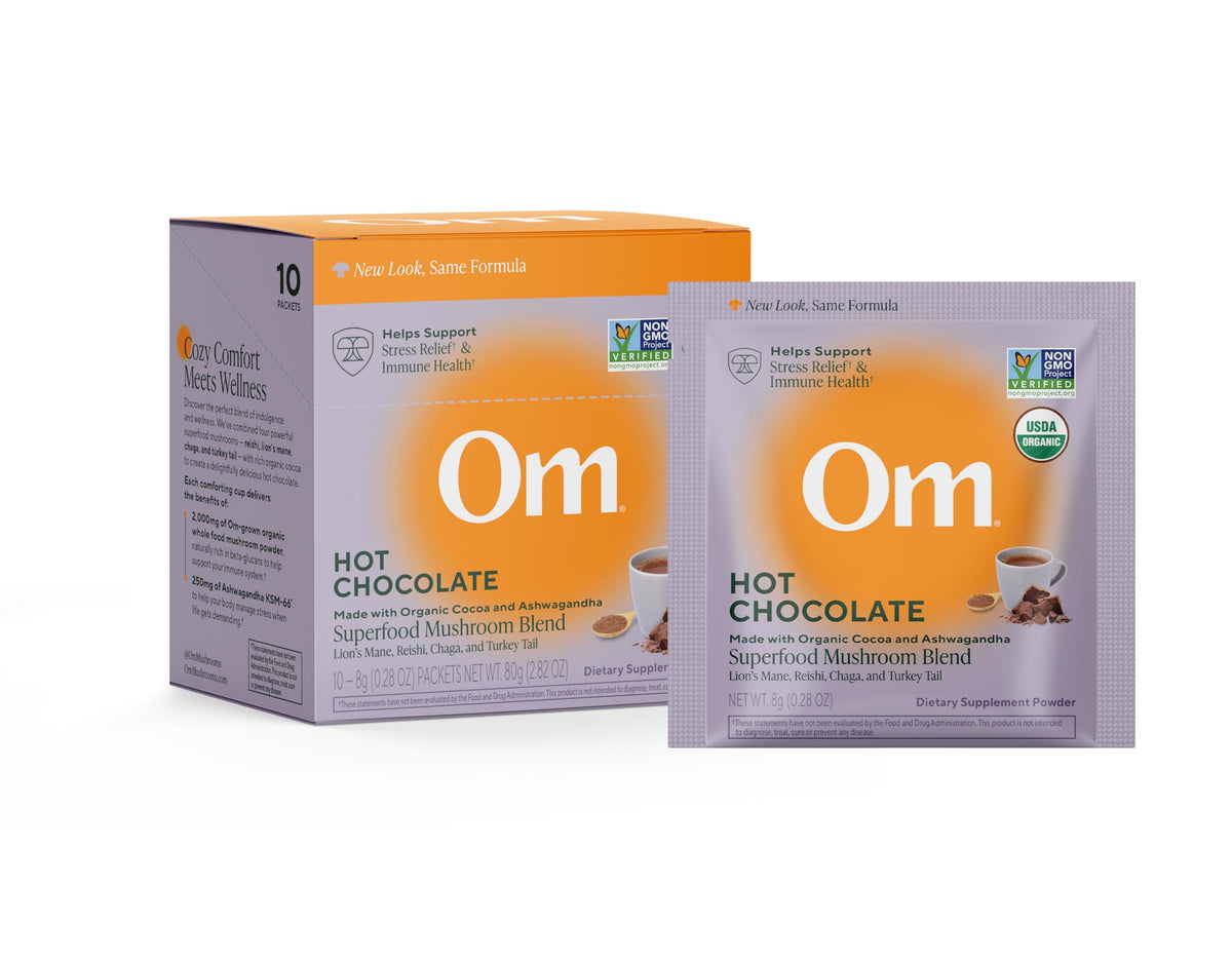 OM MUSHROOM SUPERFOOD paquete frontal mostrando diseño y conveniencia