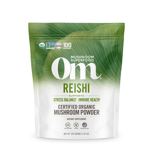 OM MUSHROOM SUPERFOOD frente del empaque mostrando 100 porciones y beneficios