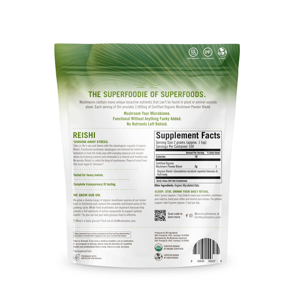 OM MUSHROOM SUPERFOOD planta de secado y molienda en California control calidad