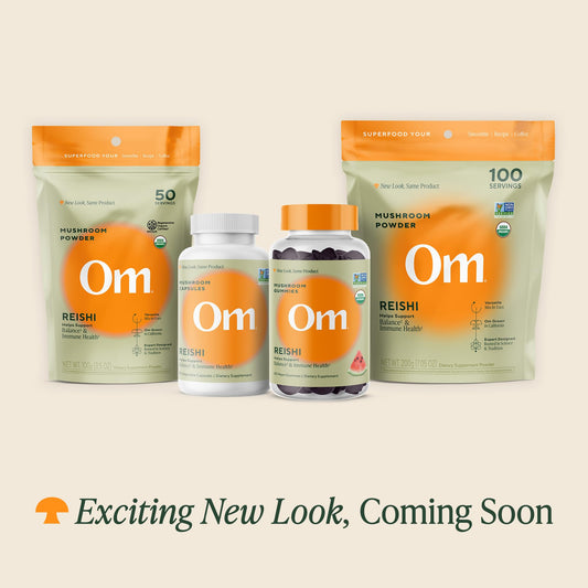 OM MUSHROOM SUPERFOOD polvo de Reishi textura fina para mezcla rápida