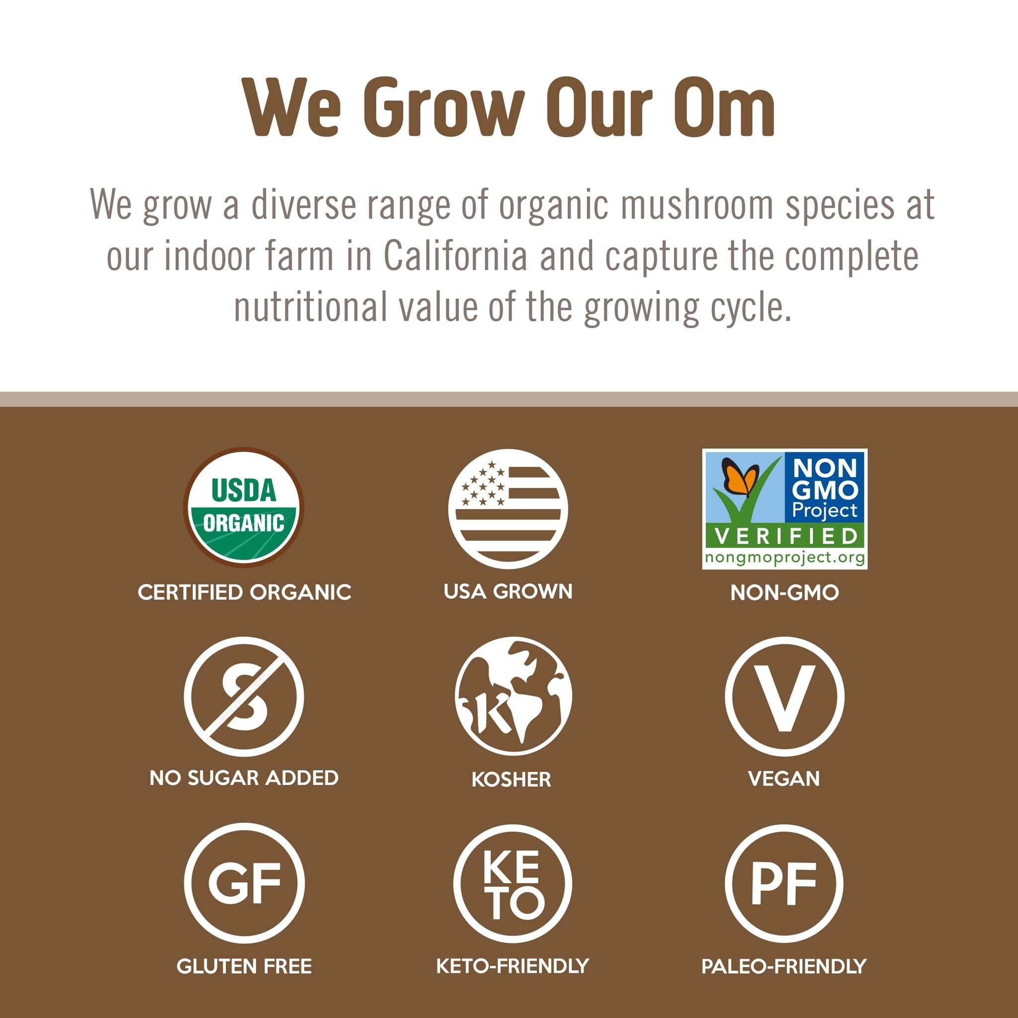 OM MUSHROOM SUPERFOOD etiqueta con certificaciones orgánicas y seguridad comprobada