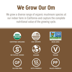 OM MUSHROOM SUPERFOOD etiqueta con certificaciones orgánicas y seguridad comprobada