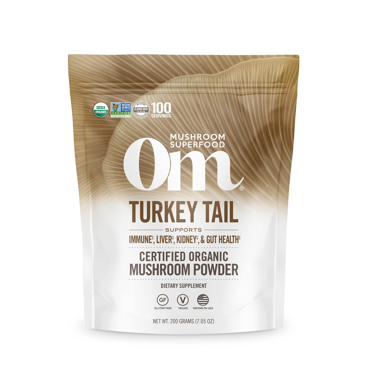 OM MUSHROOM SUPERFOOD envase frontal de Turkey Tail que muestra presentación y beneficio