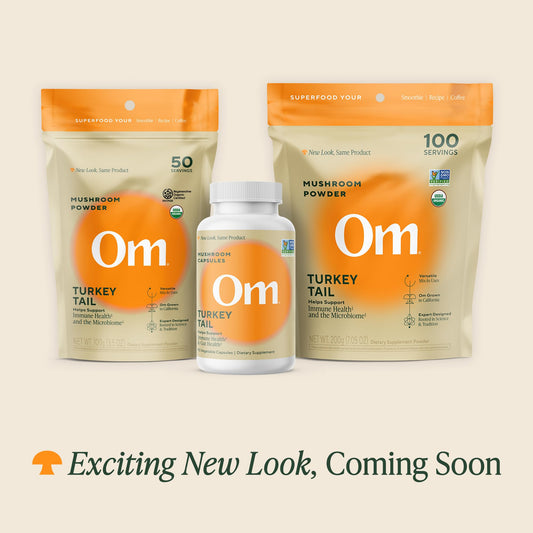 OM MUSHROOM SUPERFOOD textura de polvo de Turkey Tail cerca aporta pureza orgánica