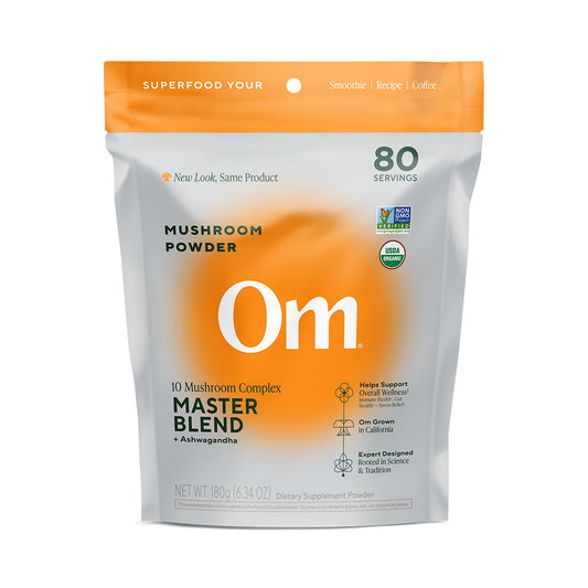 OM MUSHROOMS envase frontal mostrando mezcla orgánica y porciones