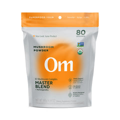 OM MUSHROOMS envase frontal mostrando mezcla orgánica y porciones