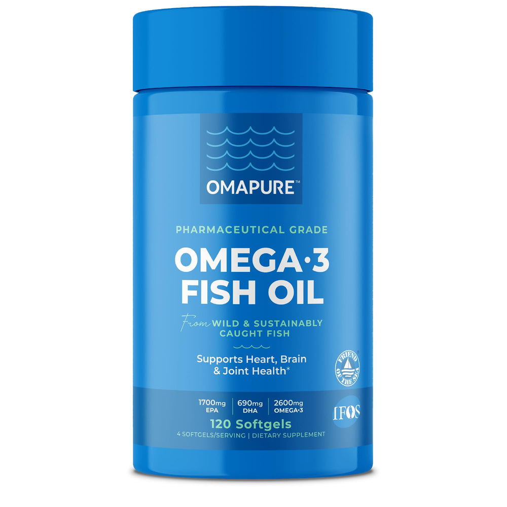 OMAPURE frasco frontal mostrando 120 softgels y etiqueta clara, confianza en calidad