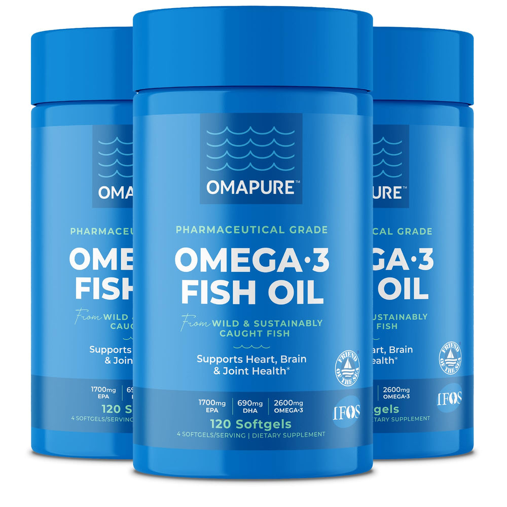OMAPURE frasco frontal mostrando etiqueta y beneficios claros