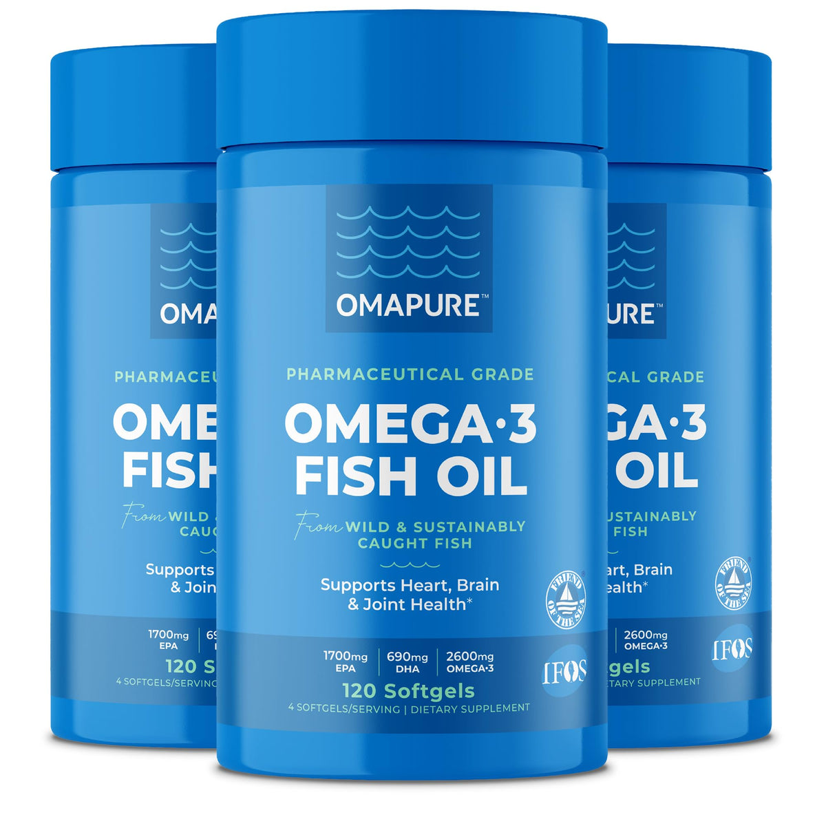 OMAPURE frasco frontal mostrando etiqueta y beneficios claros