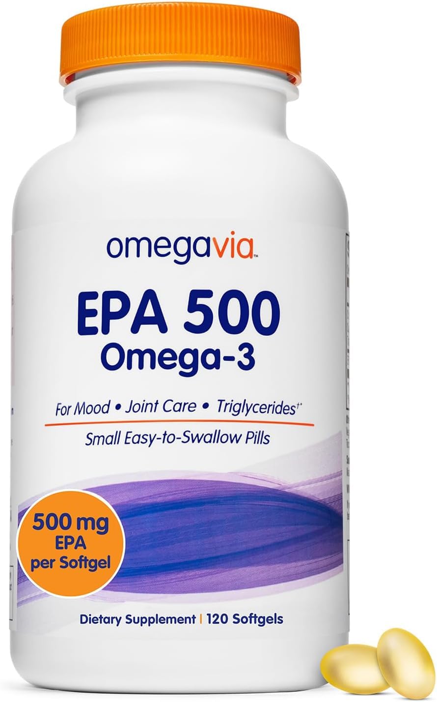 OmegaVia frasco frontal mostrando etiqueta y cantidad, transmite confianza