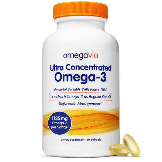 OmegaVia frasco frontal que muestra etiqueta y beneficios de pureza