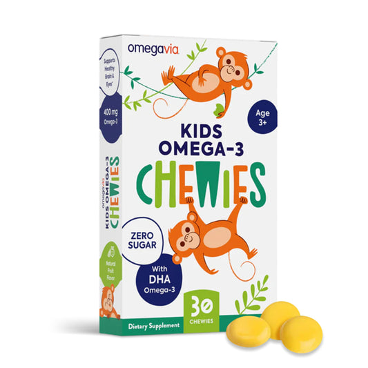OmegaVia envase frontal de Chewies muestra 30 gomitas y beneficios
