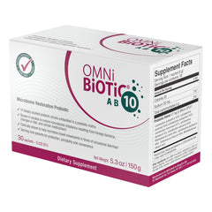 OMNi BiOTiC AB 10 sobre en mano para comparar tamaño, práctico para llevar