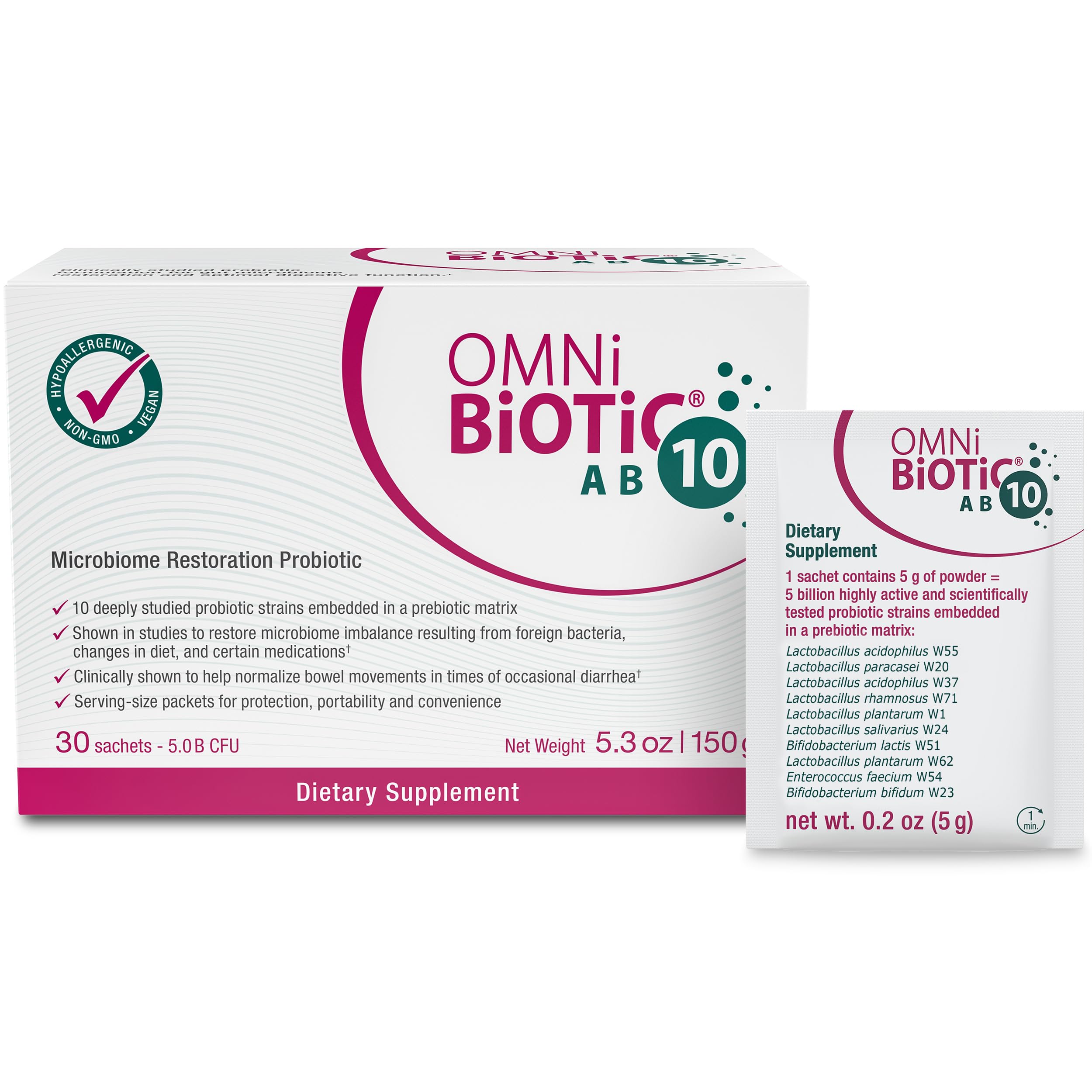 OMNi BiOTiC AB 10 frente del empaque mostrando sobres, apoyo a la digestión