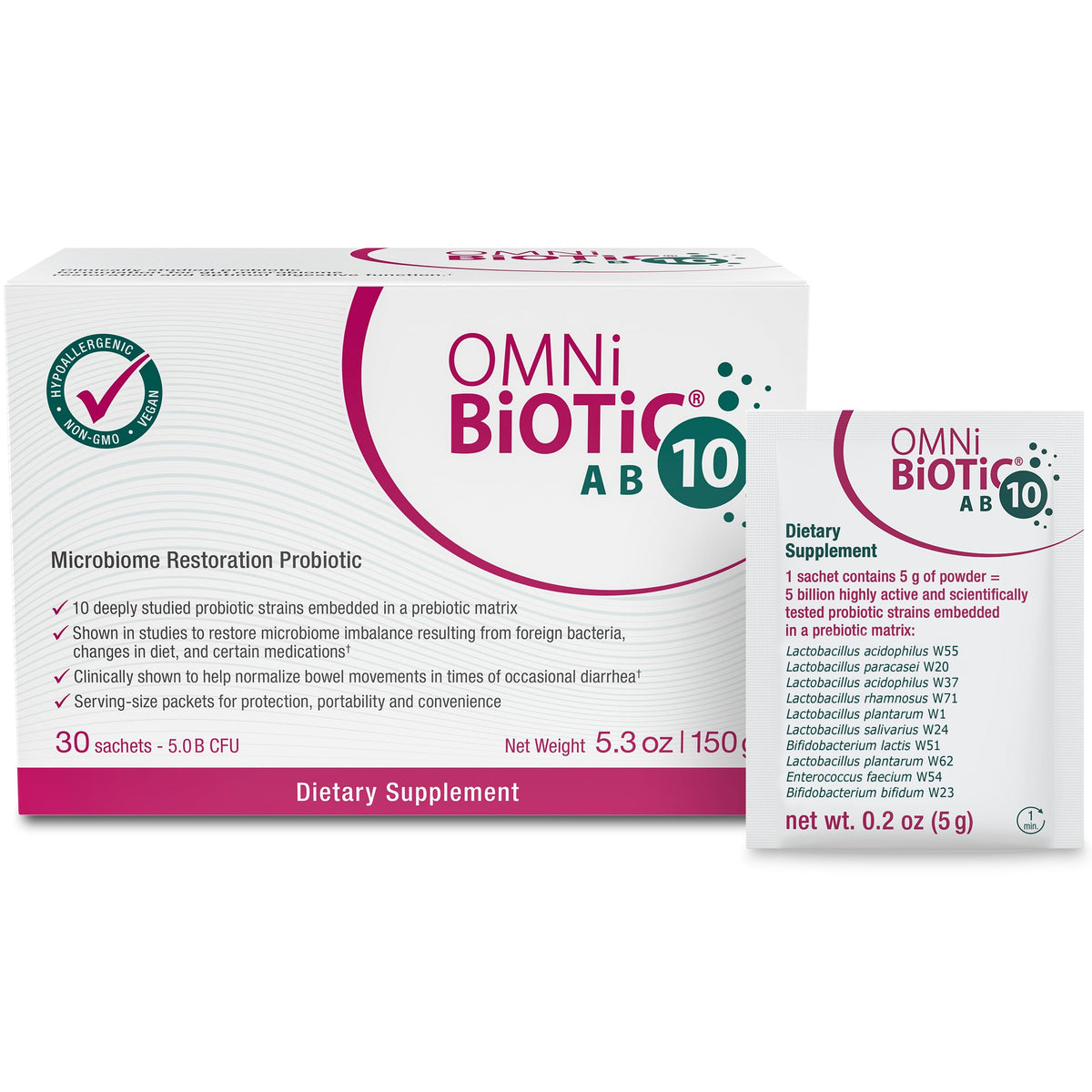 OMNi BiOTiC AB 10 frente del empaque mostrando sobres, apoyo a la digestión
