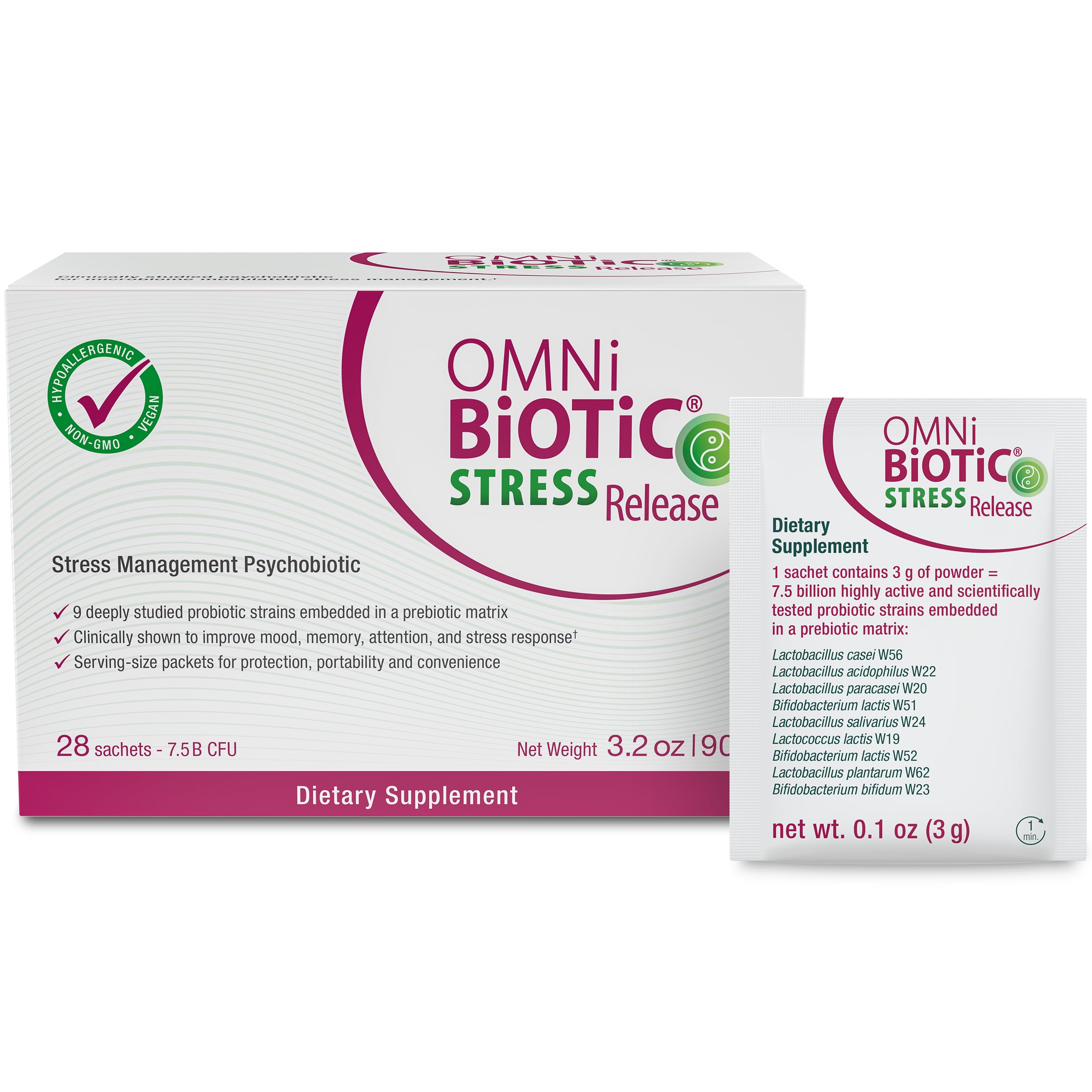 OMNi BiOTiC paquete frontal mostrando sobres y beneficios para equilibrio intestinal