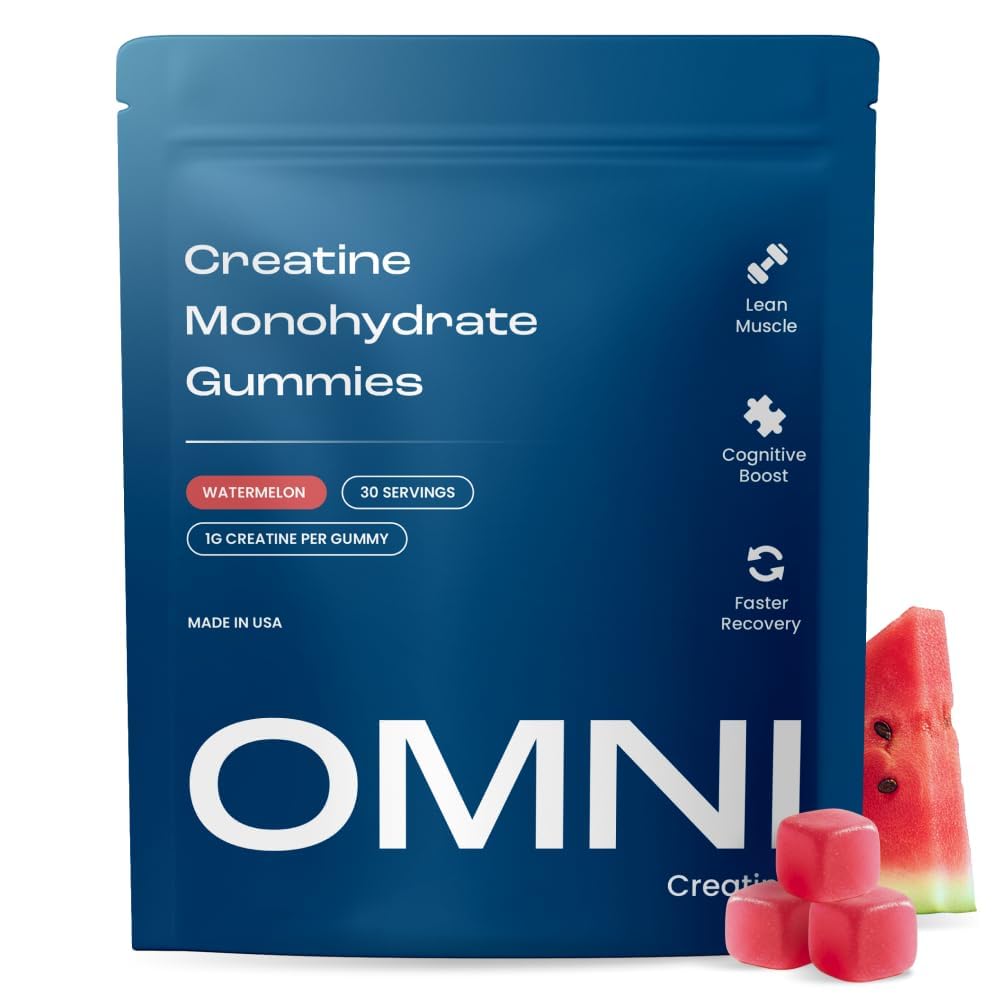 OMNI Creatine frontal del envase mostrando diseño y cantidad, fácil identificación de beneficios