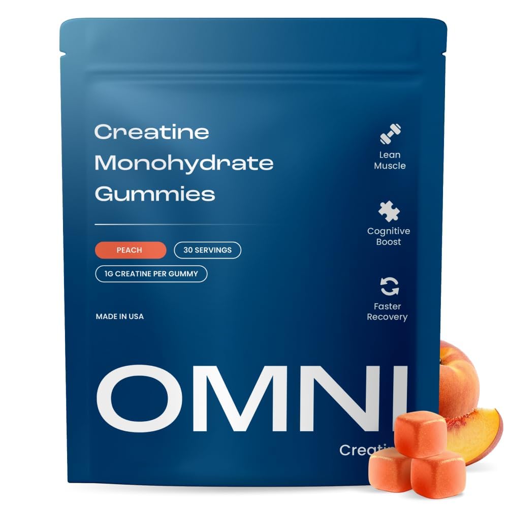 OMNI Creatine envase frontal que muestra 90 gomitas y conveniencia
