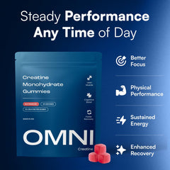 OMNI Creatine gominola sobre una mano mostrando tamaño práctico y consumo cómodo