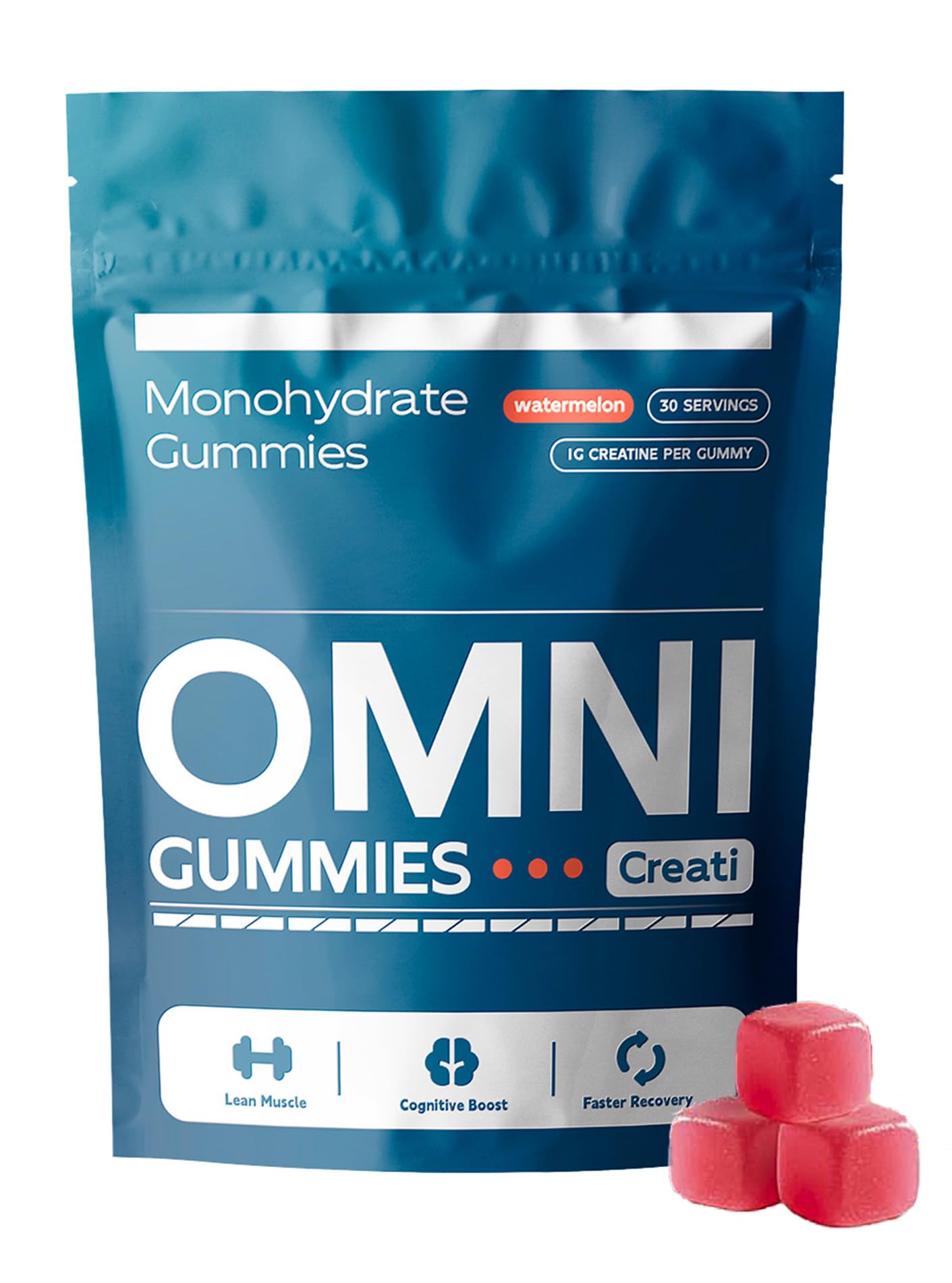 Omni gummies envase frontal mostrando cantidad y beneficio práctico