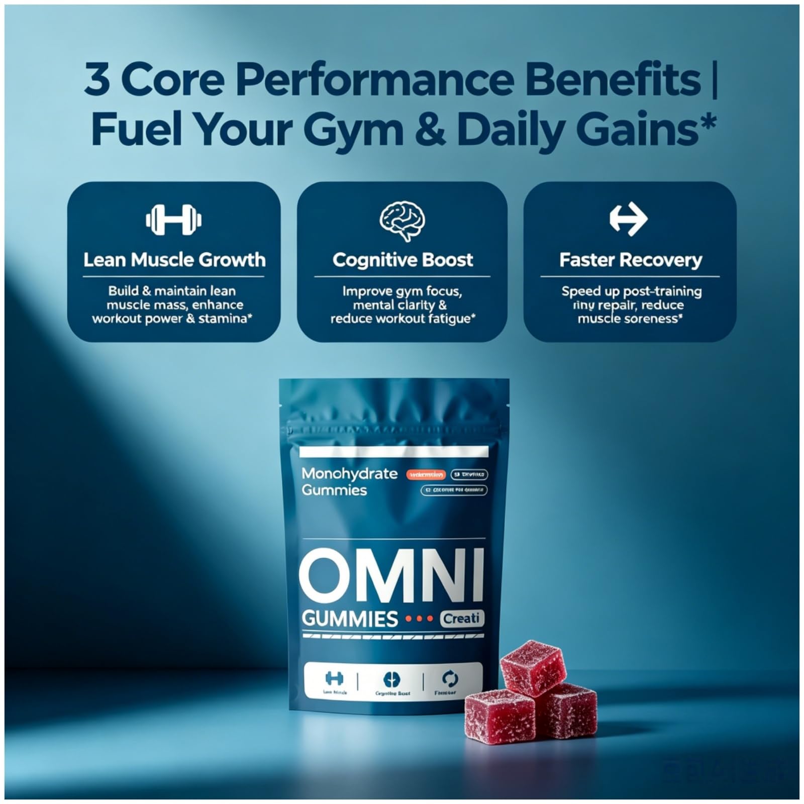 Gomita Omni Gummies en mano lista para consumir fácilmente