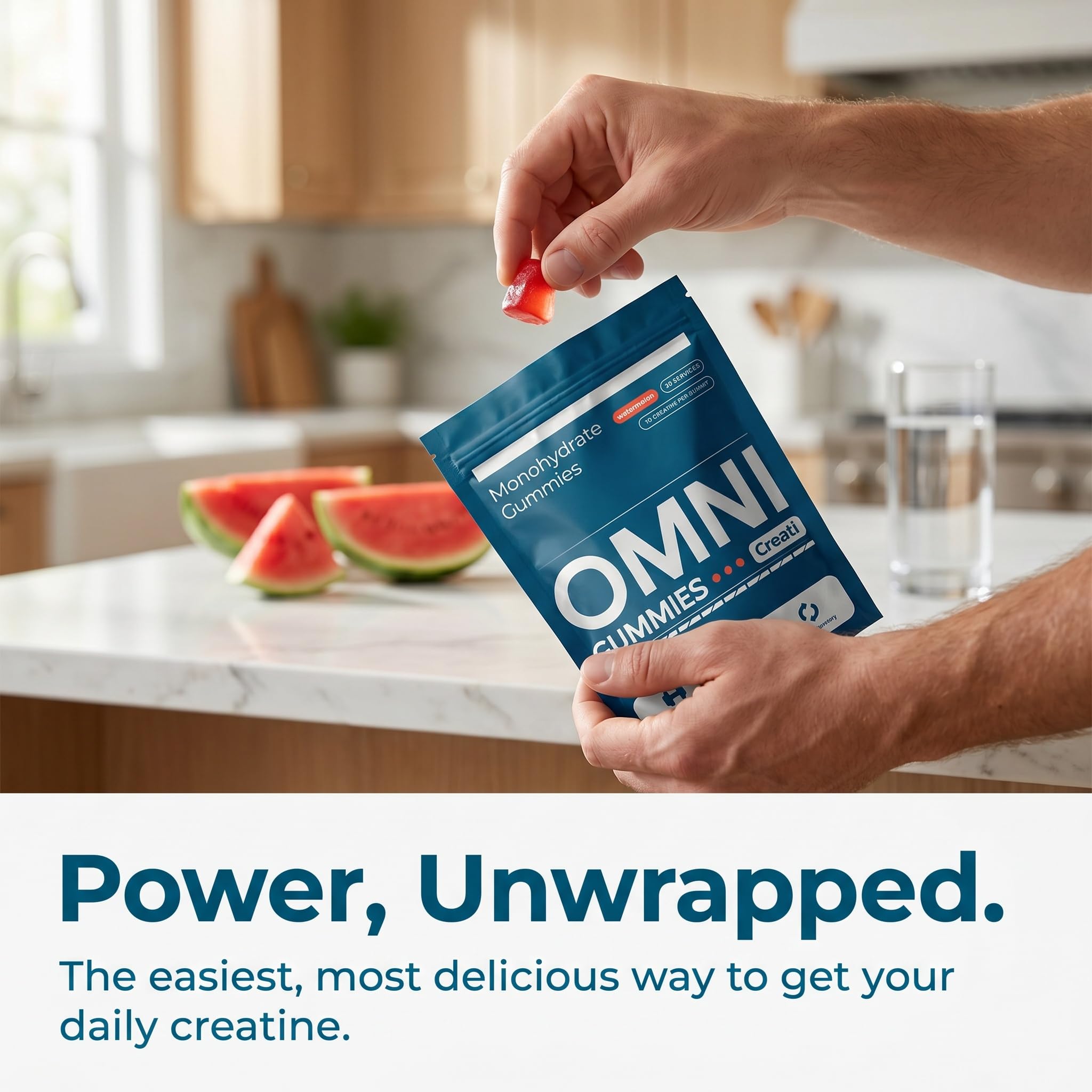 Omni gummies primer plano de textura, sabor y fácil masticación