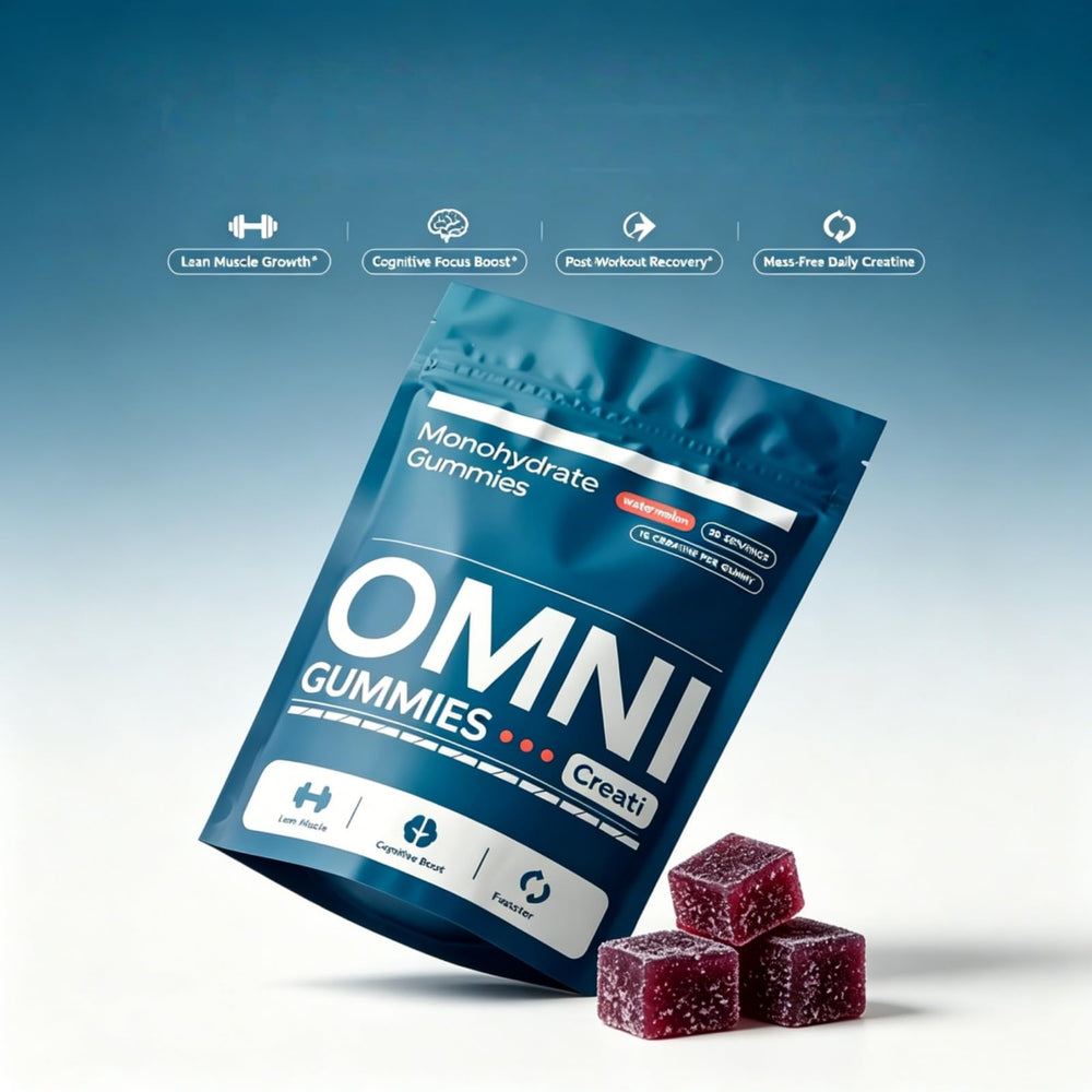 Vista superior del bote Omni Gummies con gomitas visibles
