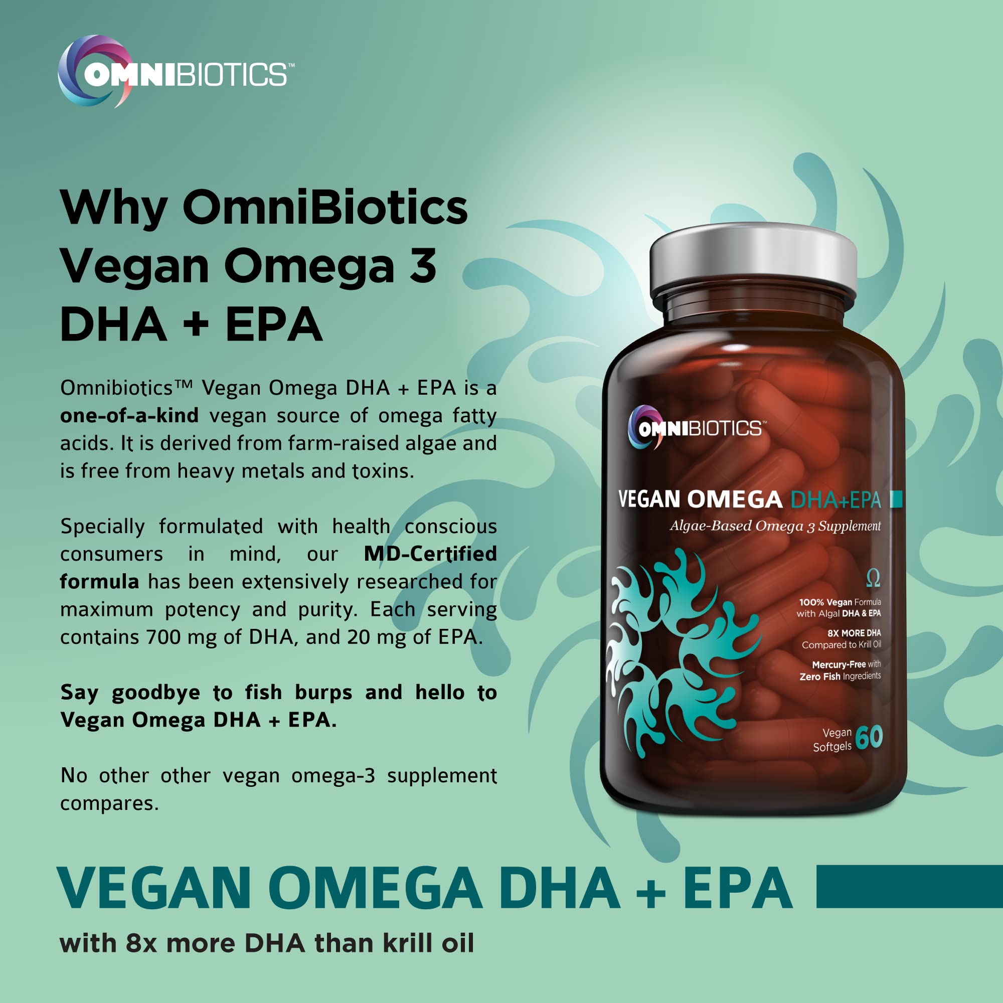 Etiqueta OmniBiotics con información nutricional y certificaciones claras