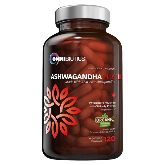 OmniBiotics frasco delantero destacando cápsulas veganas y beneficios