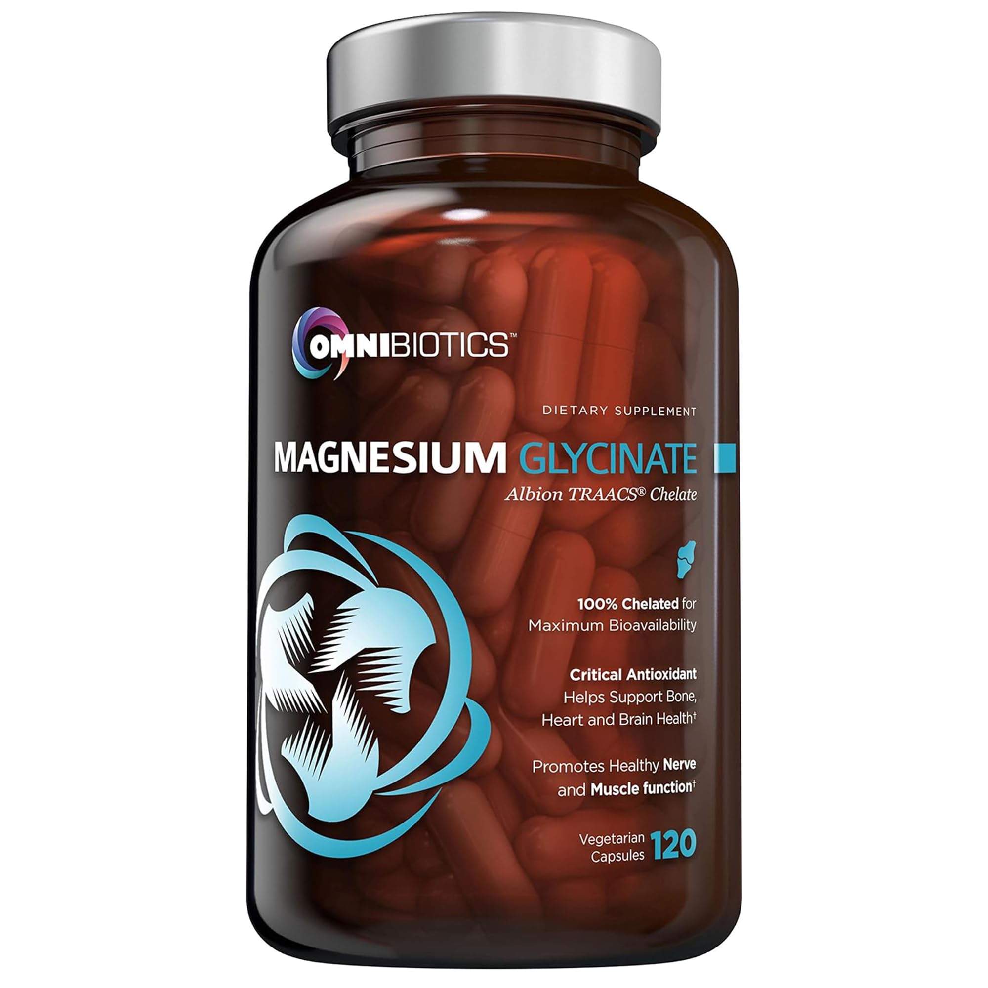 OmniBiotics envase frontal de Magnesium Glycinate mostrando etiqueta y beneficios