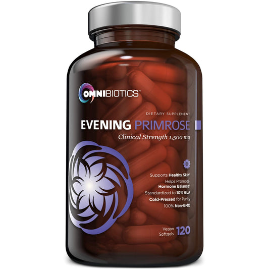 OmniBiotics envase frontal del aceite de onagra orgánico con información visible