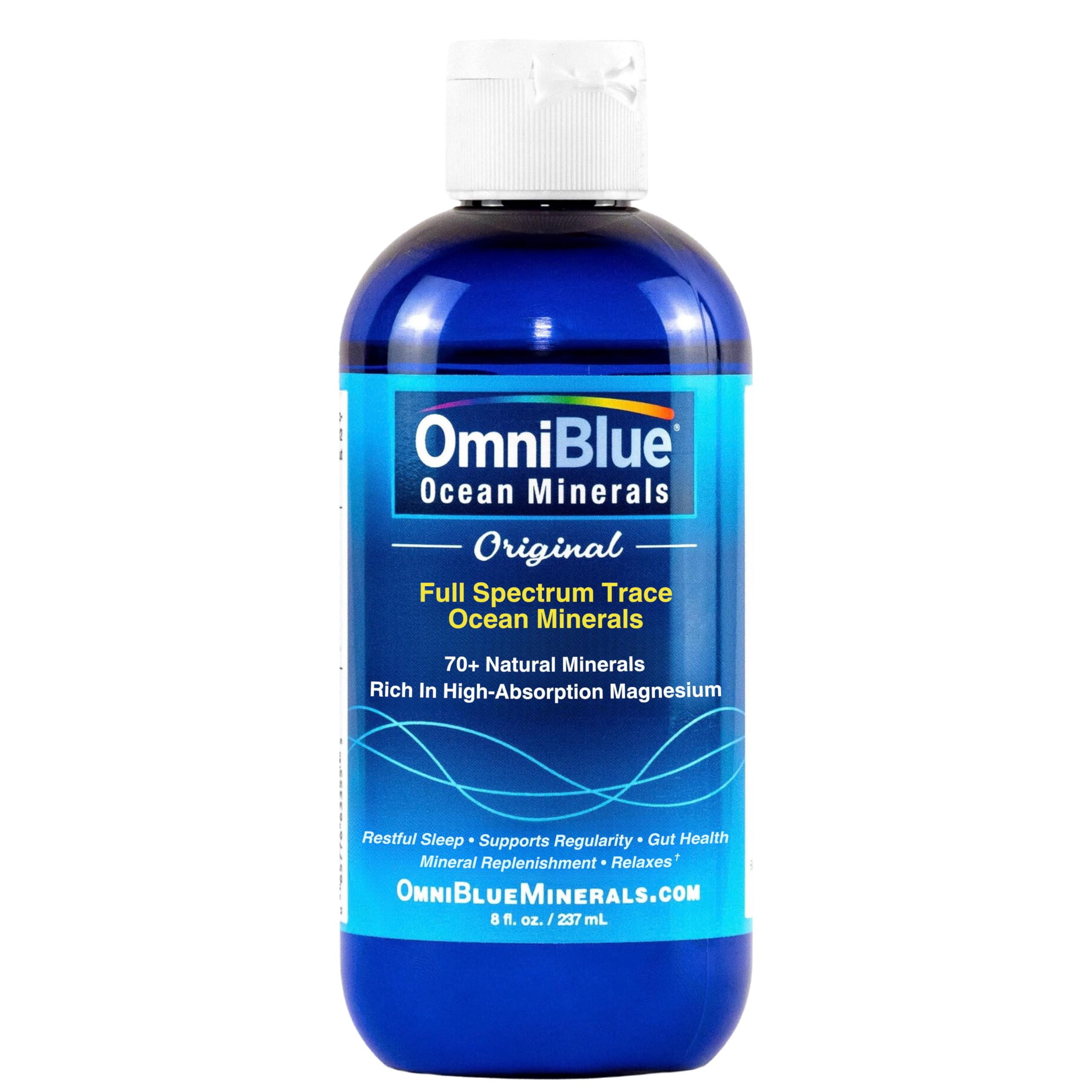 OmniBlue botella frontal 8 oz mostrando etiqueta y tamaño, confianza en minerales