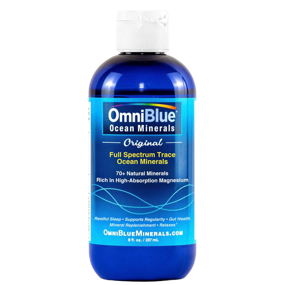 OmniBlue botella frontal 8 oz mostrando etiqueta y tamaño, confianza en minerales