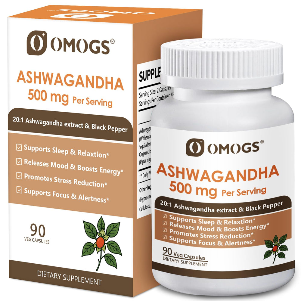 OMOGS Ashwagandha cápsulas veganas para energía sostenida y apoyo mental.