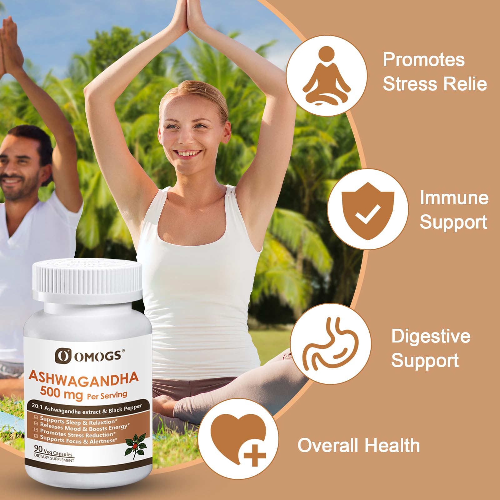 Cápsulas veganas de OMOGS Ashwagandha, aptas para dietas libres de gluten.