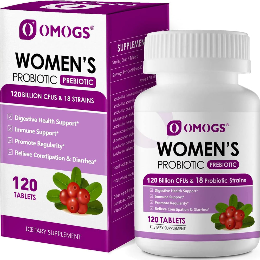 OMOGS frasco frontal mostrando diseño y cantidad de 120 tabletas para uso femenino